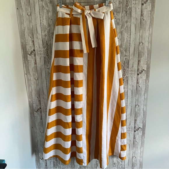 Dresses & Skirts - Asymmetrical Striped White Mustard Yellow Women's Wrap Maxi Skirt Medium